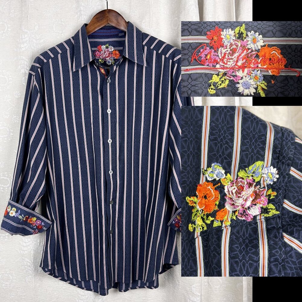 Robert Graham embroidered flower stripe button up cotton shirt 2X colorful